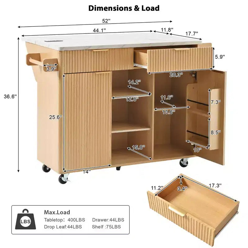 52-inch îlot de cuisine mobile de style fermette avec abattant et dessus en faux marbre, desserte de cuisine roulante avec rangement pour cuisine ou salle à manger-