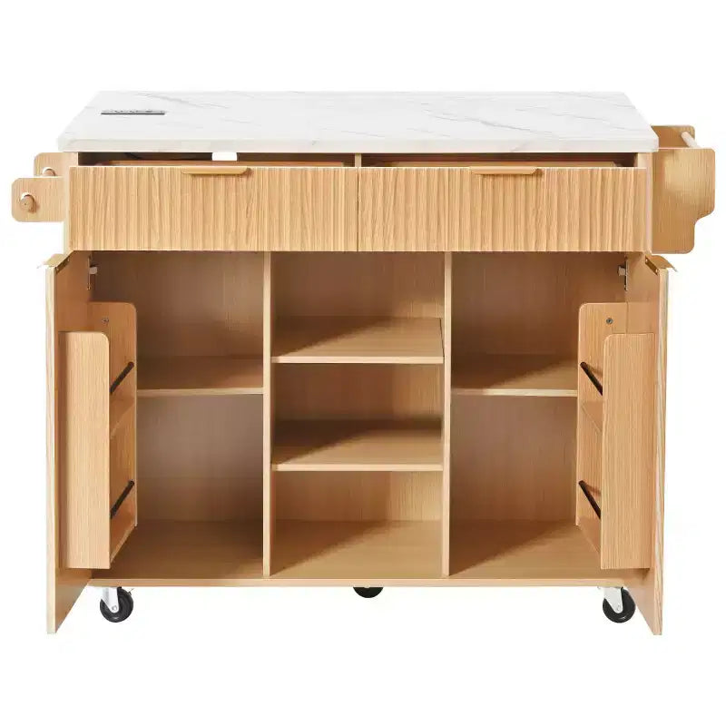 52-inch îlot de cuisine mobile de style fermette avec abattant et dessus en faux marbre, desserte de cuisine roulante avec rangement pour cuisine ou salle à manger-