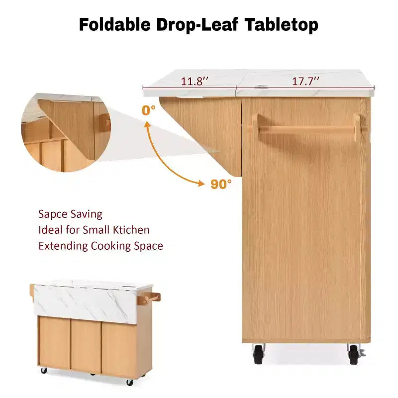52-inch îlot de cuisine mobile de style fermette avec abattant et dessus en faux marbre, desserte de cuisine roulante avec rangement pour cuisine ou salle à manger-