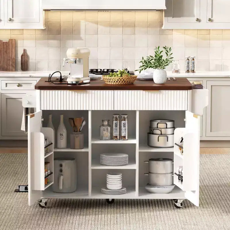 52-inch îlot de cuisine mobile de style fermette avec abattant et dessus en faux marbre, desserte de cuisine roulante avec rangement pour cuisine ou salle à manger-