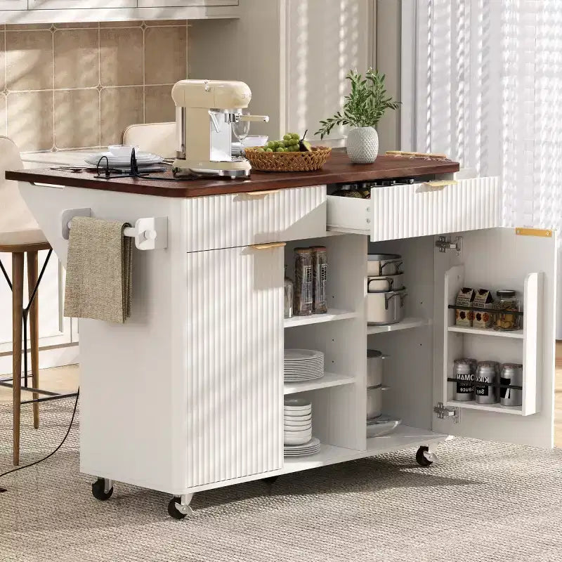 52-inch îlot de cuisine mobile de style fermette avec abattant et dessus en faux marbre, desserte de cuisine roulante avec rangement pour cuisine ou salle à manger-
