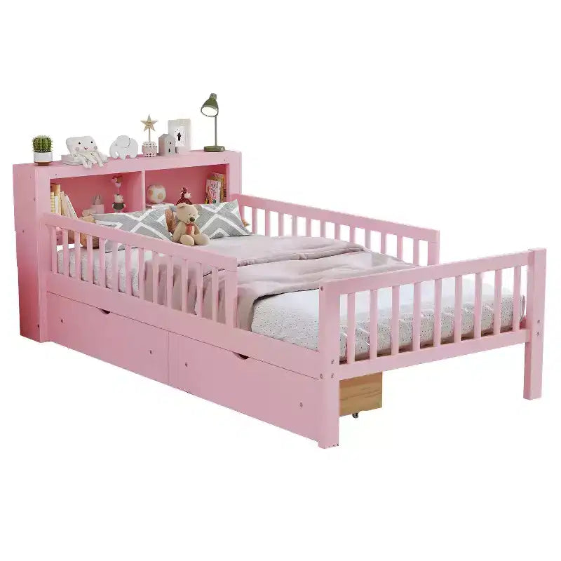 Lit jumeau avec tête de lit de rangement, étagère de rangement, deux tiroirs sous le lit, trois garde-corps latéraux pour chambre à coucher Rose