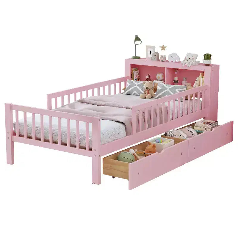 Lit jumeau avec tête de lit de rangement, étagère de rangement, deux tiroirs sous le lit, trois garde-corps latéraux pour chambre à coucher Rose