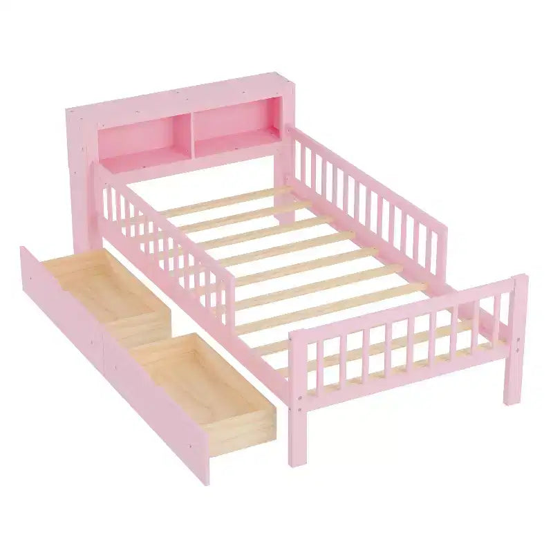 Lit jumeau avec tête de lit de rangement, étagère de rangement, deux tiroirs sous le lit, trois garde-corps latéraux pour chambre à coucher Rose