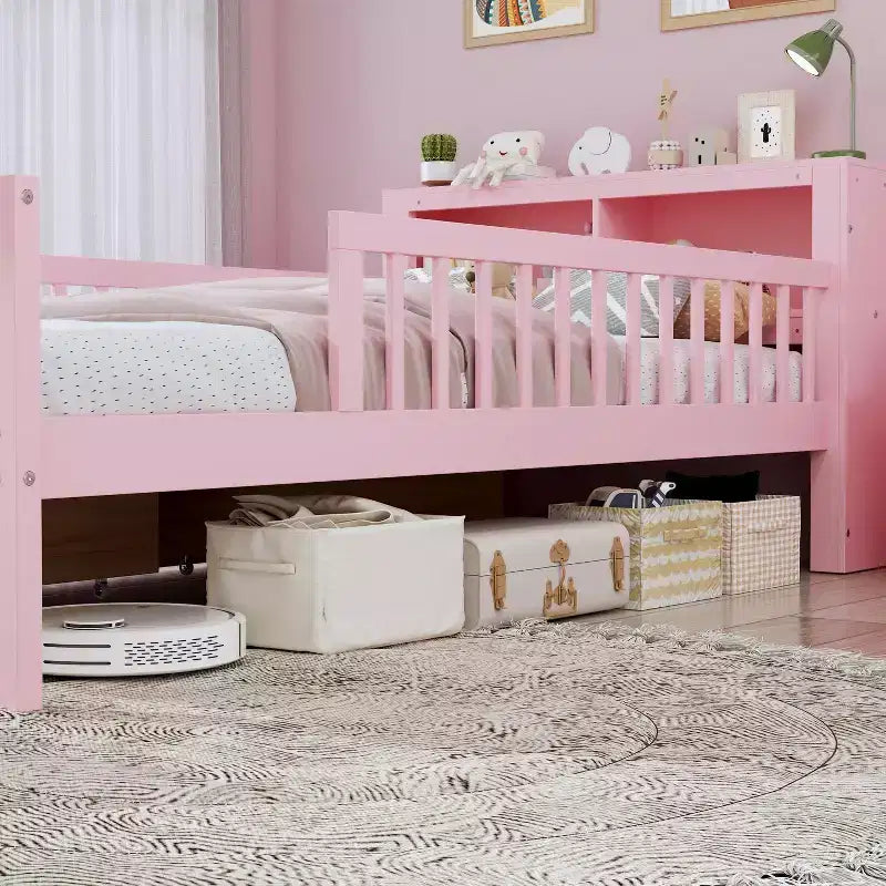 Lit jumeau avec tête de lit de rangement, étagère de rangement, deux tiroirs sous le lit, trois garde-corps latéraux pour chambre à coucher Rose
