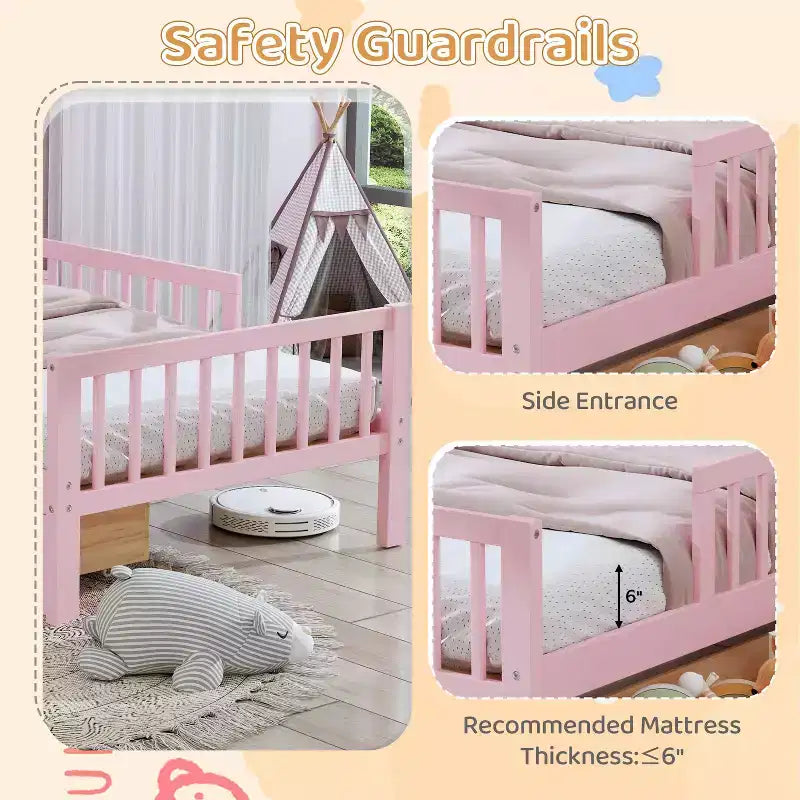 Lit jumeau avec tête de lit de rangement, étagère de rangement, deux tiroirs sous le lit, trois garde-corps latéraux pour chambre à coucher Rose