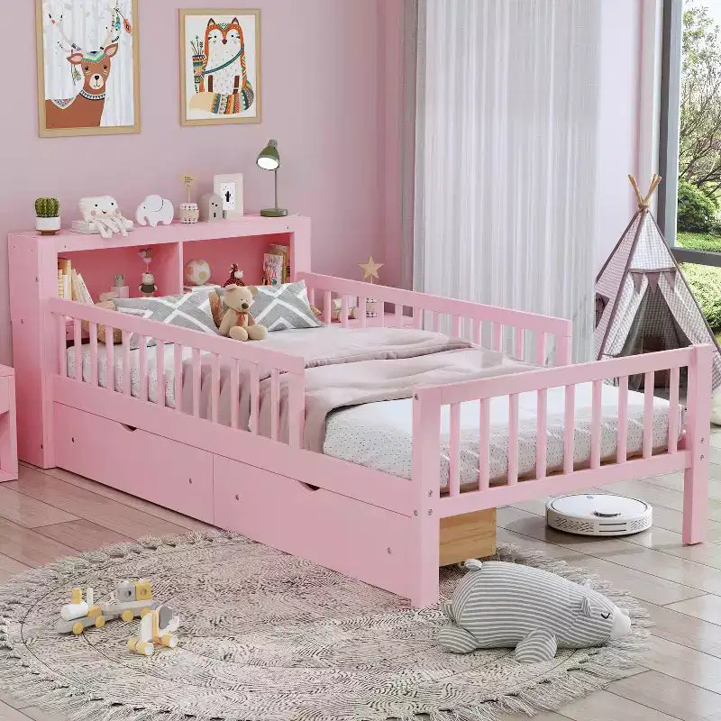 Lit jumeau avec tête de lit de rangement, étagère de rangement, deux tiroirs sous le lit, trois garde-corps latéraux pour chambre à coucher Rose