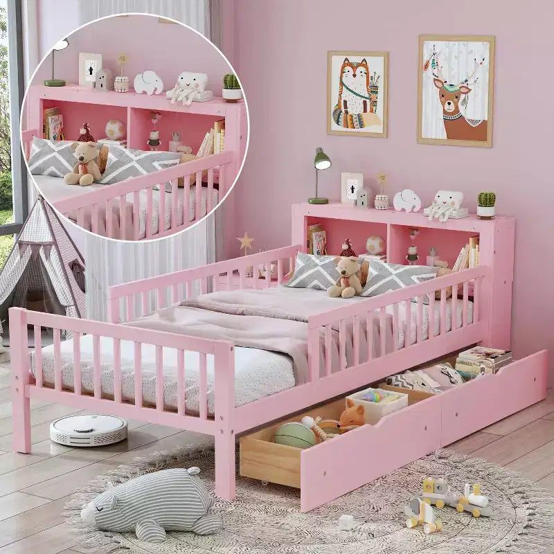 Lit jumeau avec tête de lit de rangement, étagère de rangement, deux tiroirs sous le lit, trois garde-corps latéraux pour chambre à coucher Rose