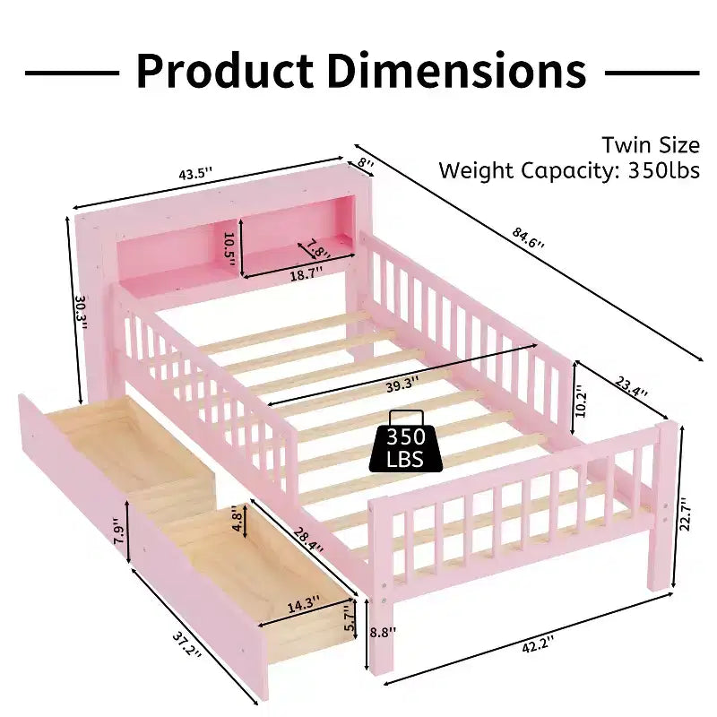 Lit jumeau avec tête de lit de rangement, étagère de rangement, deux tiroirs sous le lit, trois garde-corps latéraux pour chambre à coucher Rose