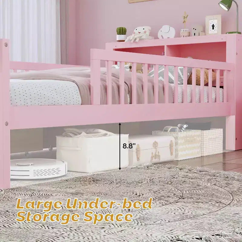 Lit jumeau avec tête de lit de rangement, étagère de rangement, deux tiroirs sous le lit, trois garde-corps latéraux pour chambre à coucher Rose