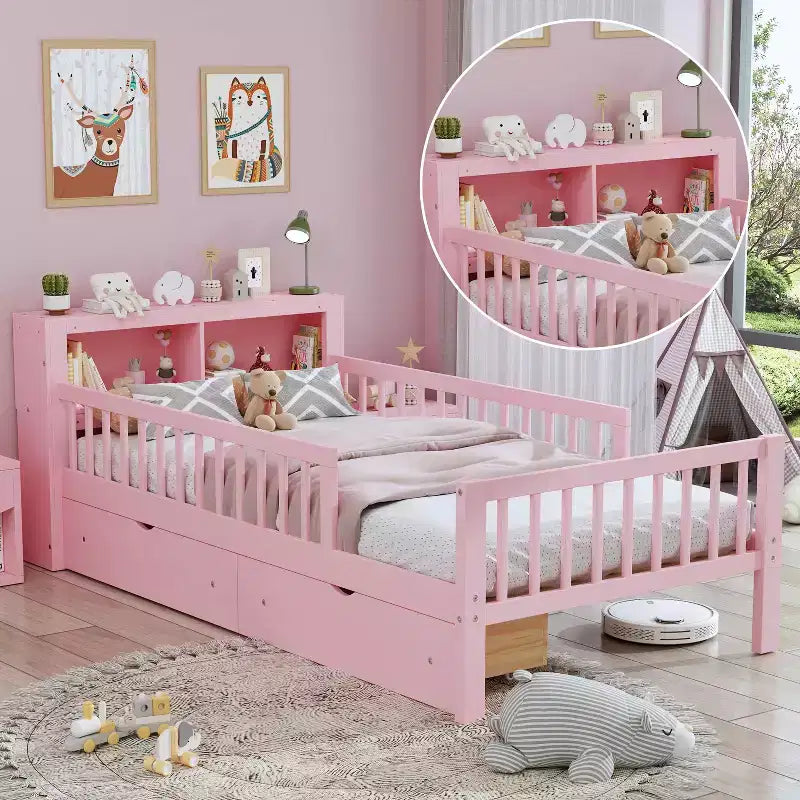 Lit jumeau avec tête de lit de rangement, étagère de rangement, deux tiroirs sous le lit, trois garde-corps latéraux pour chambre à coucher Rose