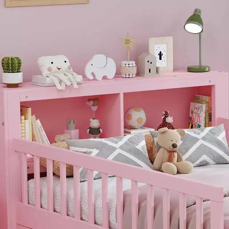 Lit jumeau avec tête de lit de rangement, étagère de rangement, deux tiroirs sous le lit, trois garde-corps latéraux pour chambre à coucher Rose