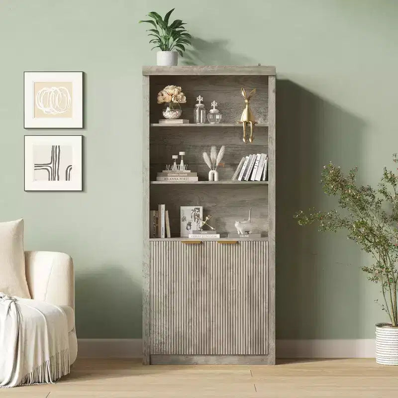 Étagère haute de 180 cm de style ferme moderne avec tiroir et portes, meuble de rangement autonome à 5 niveaux et étagère de présentation pour bureau à domicile ou salon