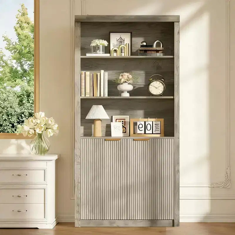 Étagère haute de 180 cm de style ferme moderne avec tiroir et portes, meuble de rangement autonome à 5 niveaux et étagère de présentation pour bureau à domicile ou salon