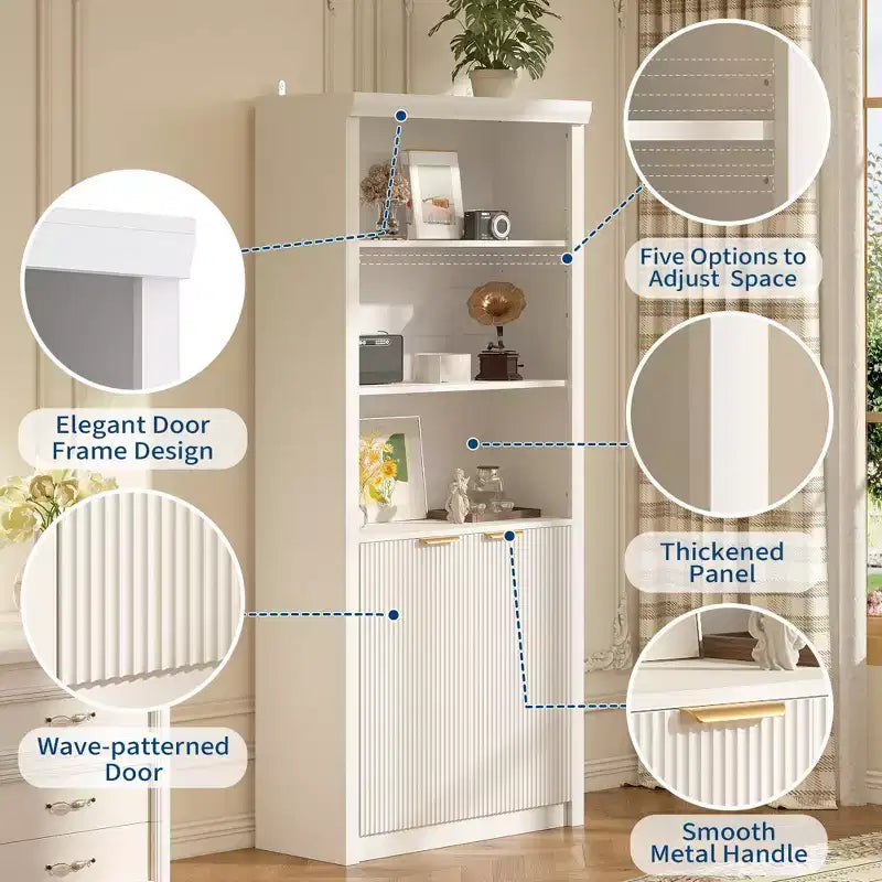 Étagère haute de 180 cm de style ferme moderne avec tiroir et portes, meuble de rangement autonome à 5 niveaux et étagère de présentation pour bureau à domicile ou salon