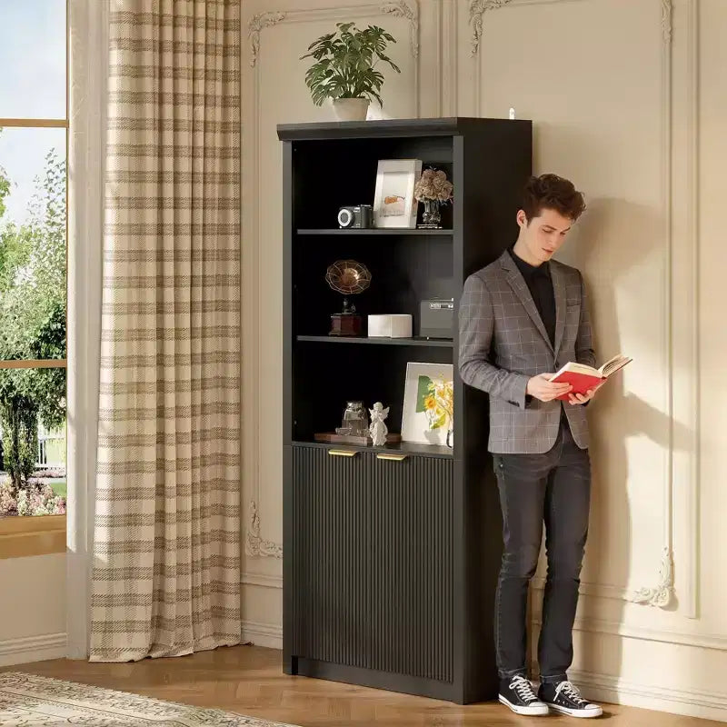 Étagère haute de 180 cm de style ferme moderne avec tiroir et portes, meuble de rangement autonome à 5 niveaux et étagère de présentation pour bureau à domicile ou salon