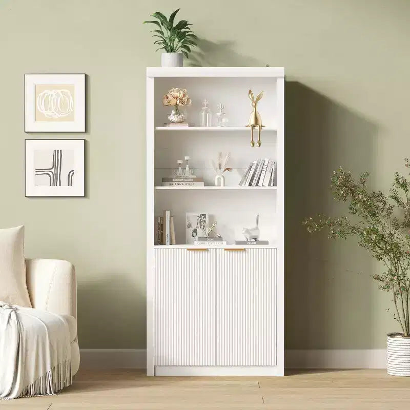 Étagère haute de 180 cm de style ferme moderne avec tiroir et portes, meuble de rangement autonome à 5 niveaux et étagère de présentation pour bureau à domicile ou salon