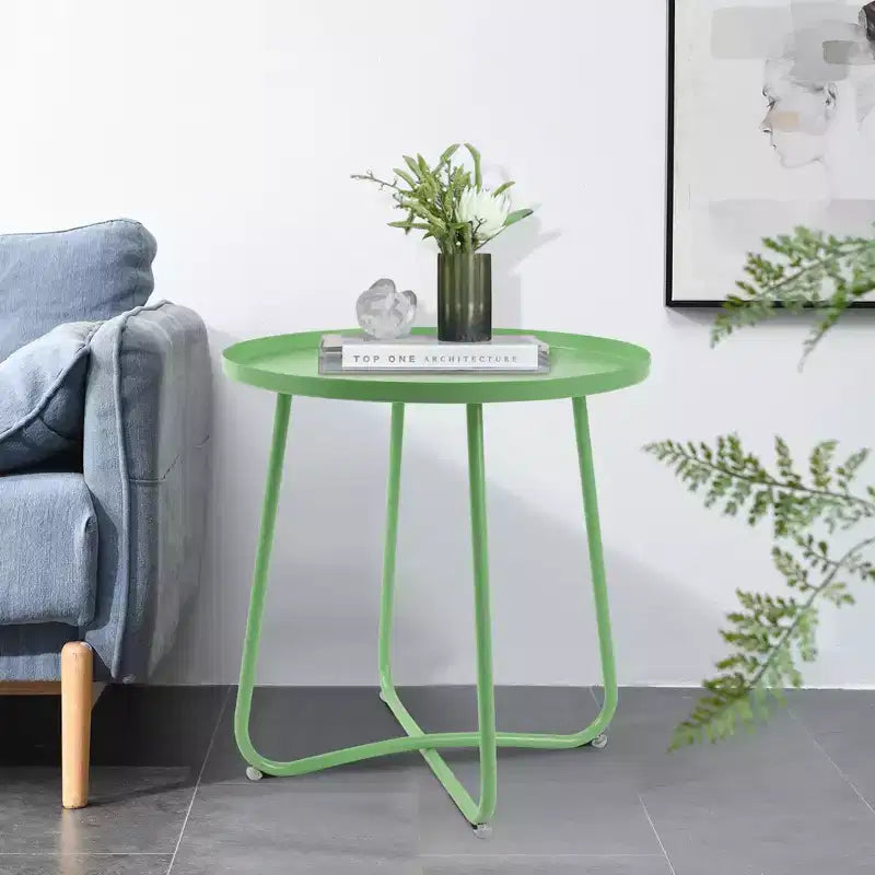 Table d'appoint ronde en métal pour l'extérieur, avec cadre en X antirouille et plateau antidérapant