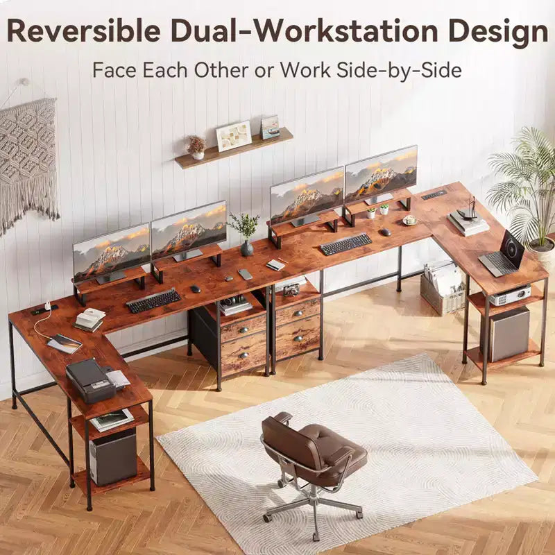 Bureau d'angle en L marron de 66 pouces avec station de charge, bureau de jeu réversible, classeur, support de moniteur, rangement, poste de travail de bureau à domicile