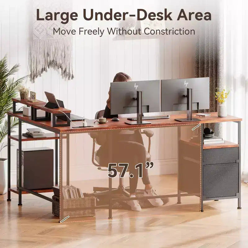 Bureau d'angle en L marron de 66 pouces avec station de charge, bureau de jeu réversible, classeur, support de moniteur, rangement, poste de travail de bureau à domicile