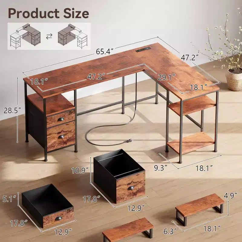 Bureau d'angle en L marron de 66 pouces avec station de charge, bureau de jeu réversible, classeur, support de moniteur, rangement, poste de travail de bureau à domicile