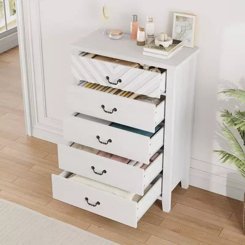 Commode à 5 tiroirs pour chambre à coucher, 114 cm de haut, 5 tiroirs avec design en V, table de nuit moderne en bois pour salon, entrée, chambre d'enfant