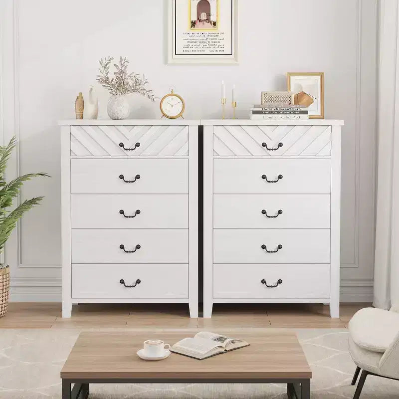 Commode à 5 tiroirs pour chambre à coucher, 114 cm de haut, 5 tiroirs avec design en V, table de nuit moderne en bois pour salon, entrée, chambre d'enfant