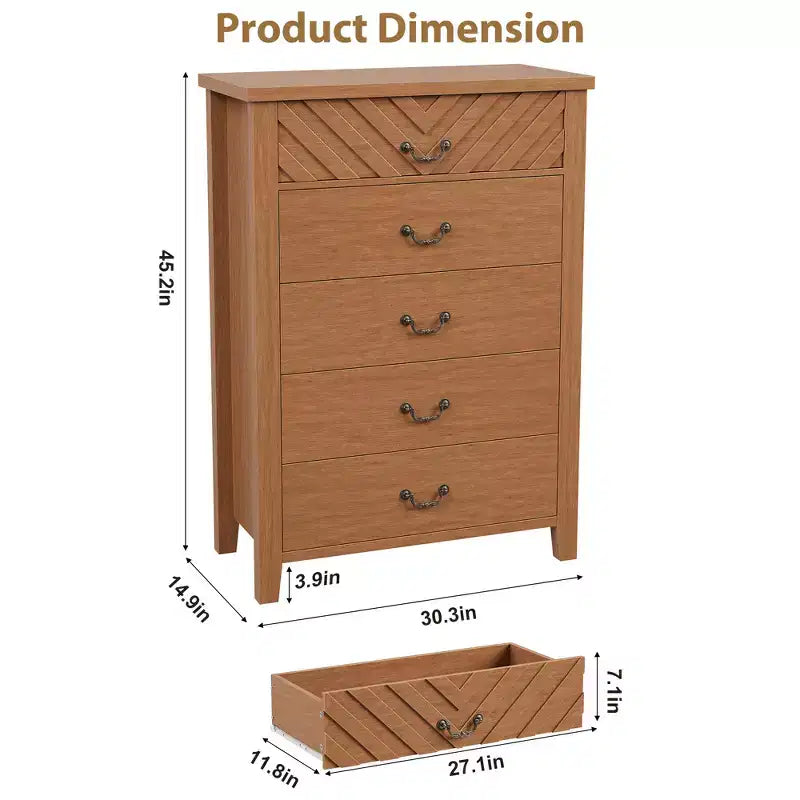 Commode à 5 tiroirs pour chambre à coucher, 114 cm de haut, 5 tiroirs avec design en V, table de nuit moderne en bois pour salon, entrée, chambre d'enfant