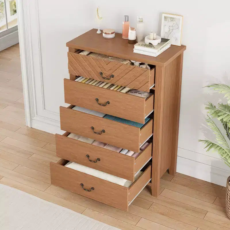 Commode à 5 tiroirs pour chambre à coucher, 114 cm de haut, 5 tiroirs avec design en V, table de nuit moderne en bois pour salon, entrée, chambre d'enfant