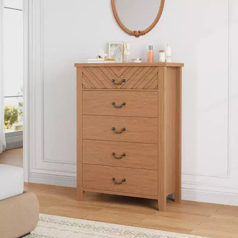 Commode à 5 tiroirs pour chambre à coucher, 114 cm de haut, 5 tiroirs avec design en V, table de nuit moderne en bois pour salon, entrée, chambre d'enfant
