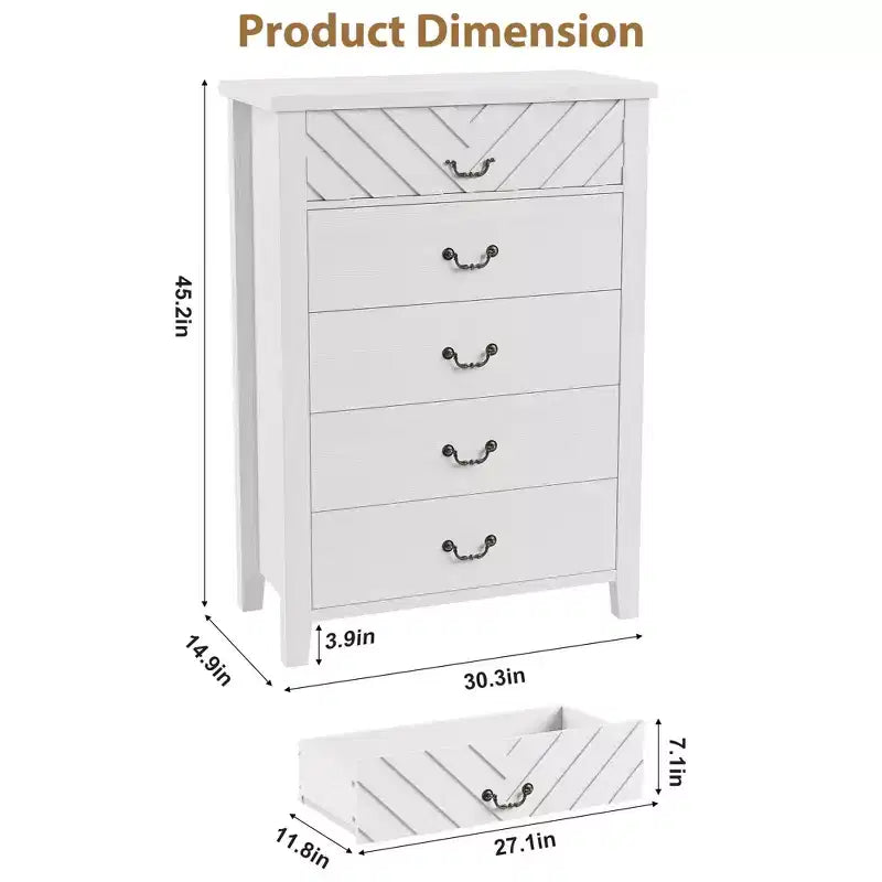 Commode à 5 tiroirs pour chambre à coucher, 114 cm de haut, 5 tiroirs avec design en V, table de nuit moderne en bois pour salon, entrée, chambre d'enfant