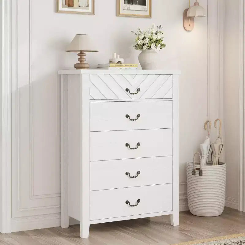 Commode à 5 tiroirs pour chambre à coucher, 114 cm de haut, 5 tiroirs avec design en V, table de nuit moderne en bois pour salon, entrée, chambre d'enfant