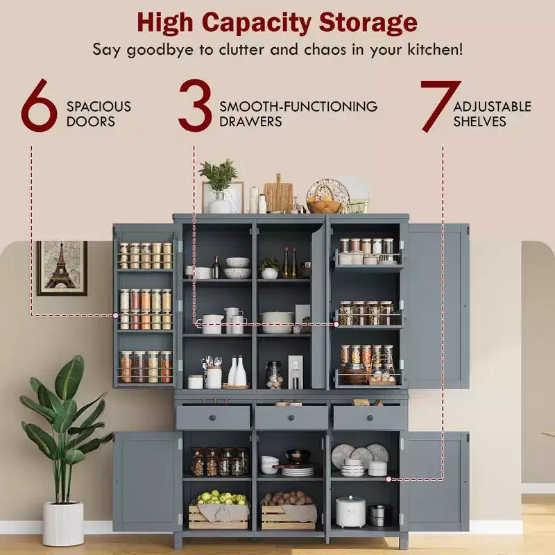 Garde-manger de cuisine Clara à 6 portes avec 3 tiroirs coulissants et 7 étagères réglables