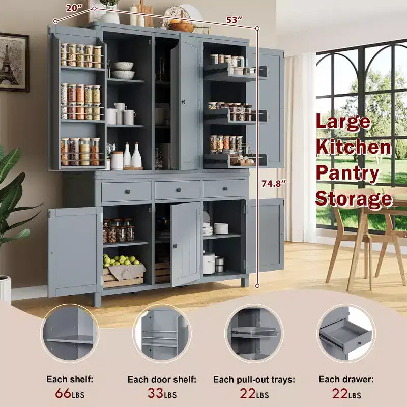 Garde-manger de cuisine Clara à 6 portes avec 3 tiroirs coulissants et 7 étagères réglables