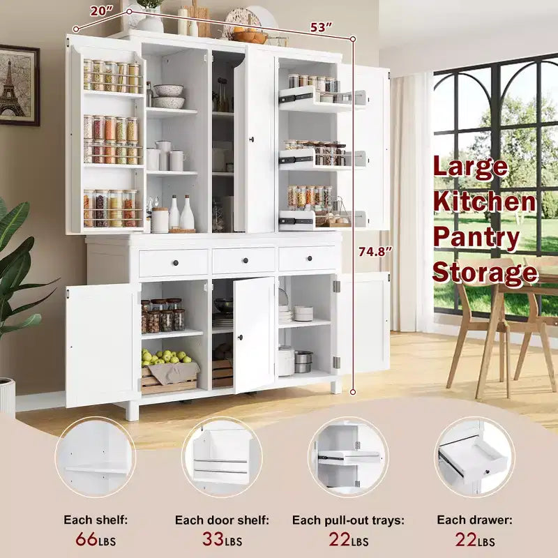 Garde-manger de cuisine Clara à 6 portes avec 3 tiroirs coulissants et 7 étagères réglables