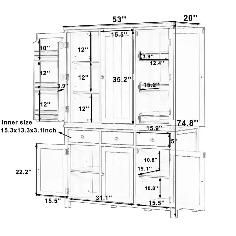 Garde-manger de cuisine Clara à 6 portes avec 3 tiroirs coulissants et 7 étagères réglables