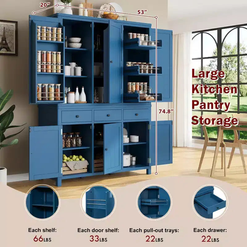 Garde-manger de cuisine Clara à 6 portes avec 3 tiroirs coulissants et 7 étagères réglables