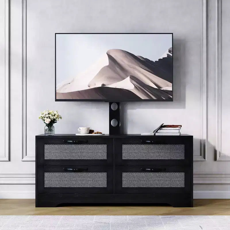 Meuble TV commode avec tiroirs et portes en rotin, meuble média de ferme pour salon ou chambre à coucher