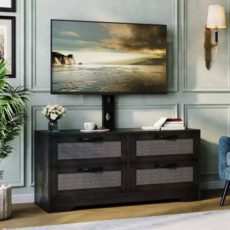 Meuble TV commode avec tiroirs et portes en rotin, meuble média de ferme pour salon ou chambre à coucher