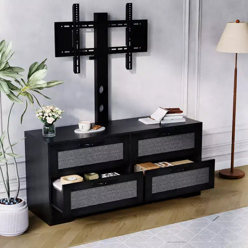 Meuble TV commode avec tiroirs et portes en rotin, meuble média de ferme pour salon ou chambre à coucher