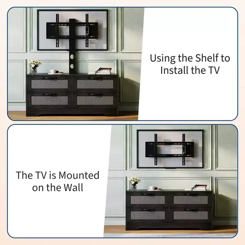 Meuble TV commode avec tiroirs et portes en rotin, meuble média de ferme pour salon ou chambre à coucher