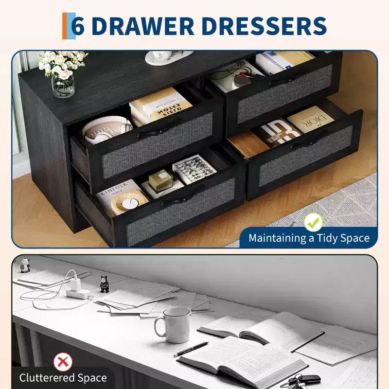 Meuble TV commode avec tiroirs et portes en rotin, meuble média de ferme pour salon ou chambre à coucher