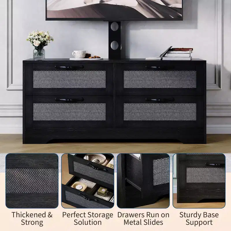 Meuble TV commode avec tiroirs et portes en rotin, meuble média de ferme pour salon ou chambre à coucher