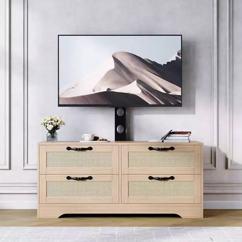 Meuble TV commode avec tiroirs et portes en rotin, meuble média de ferme pour salon ou chambre à coucher