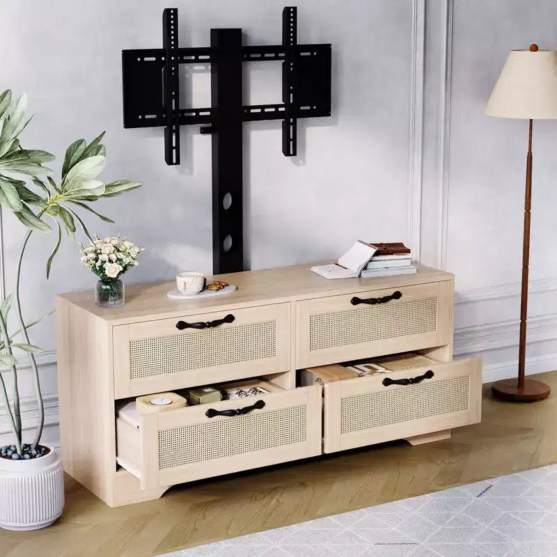 Meuble TV commode avec tiroirs et portes en rotin, meuble média de ferme pour salon ou chambre à coucher