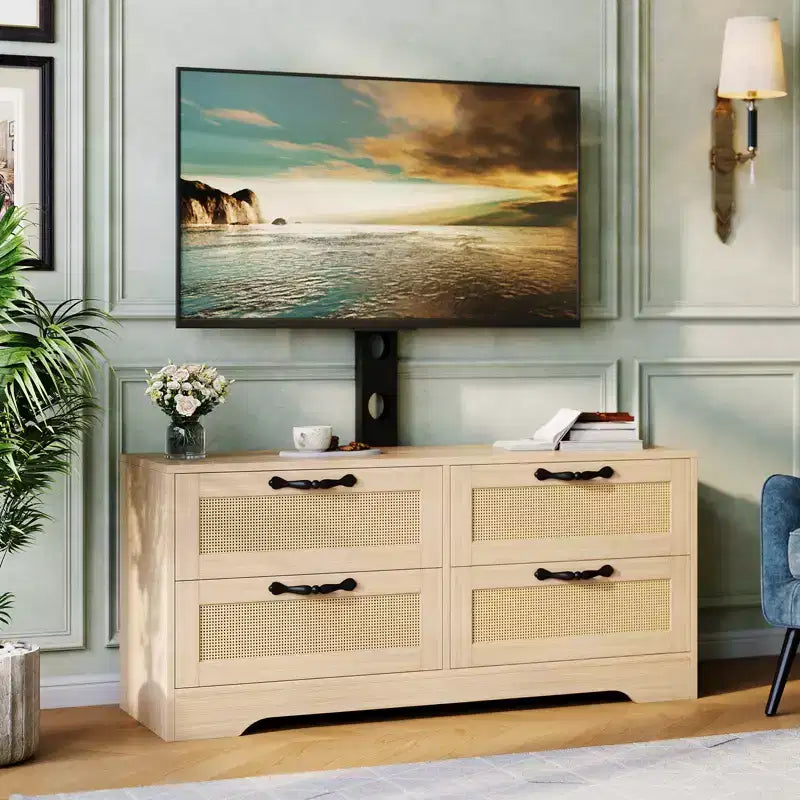 Meuble TV commode avec tiroirs et portes en rotin, meuble média de ferme pour salon ou chambre à coucher