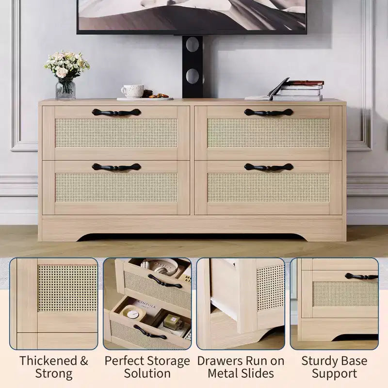 Meuble TV commode avec tiroirs et portes en rotin, meuble média de ferme pour salon ou chambre à coucher