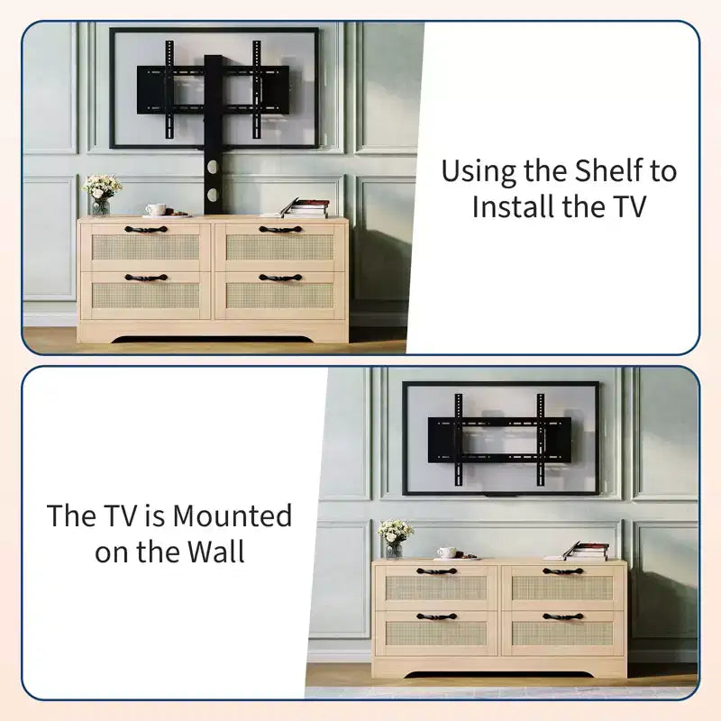 Meuble TV commode avec tiroirs et portes en rotin, meuble média de ferme pour salon ou chambre à coucher