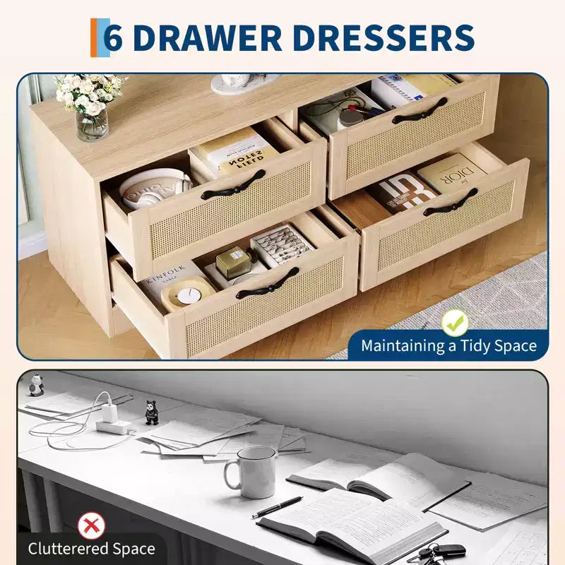 Meuble TV commode avec tiroirs et portes en rotin, meuble média de ferme pour salon ou chambre à coucher