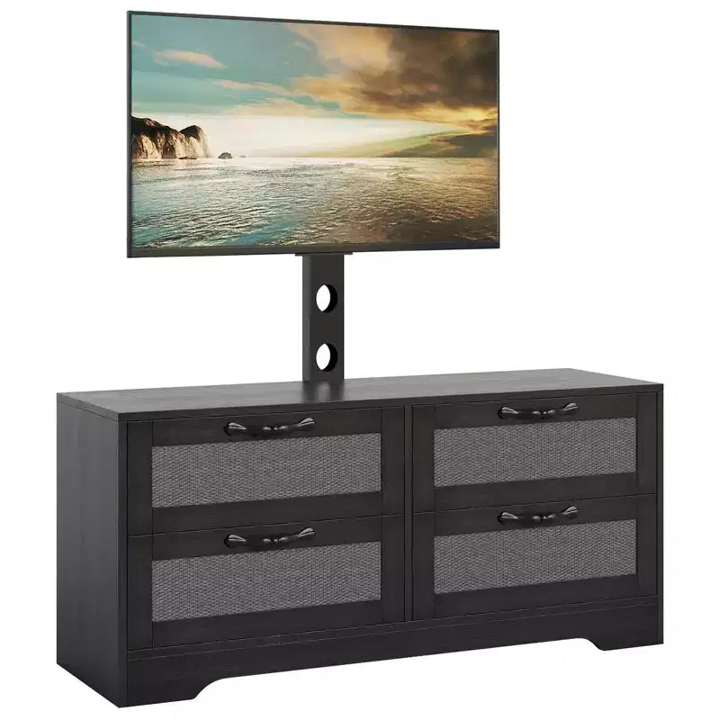 Meuble TV commode avec tiroirs et portes en rotin, meuble média de ferme pour salon ou chambre à coucher